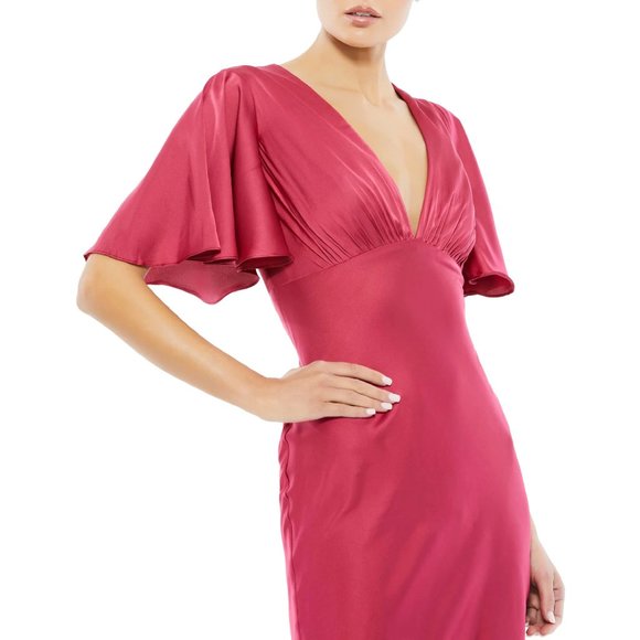 Ieena for Mac Duggal Flounce V-Neck Charmeuse Gown in Raspberry Size 2 - Picture 4 of 9